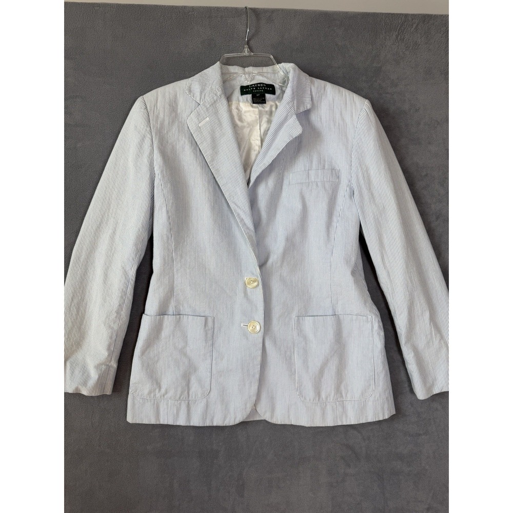Lauren Ralph Lauren Women's White Blue Pinstripe Blazer Size 8P Office Career